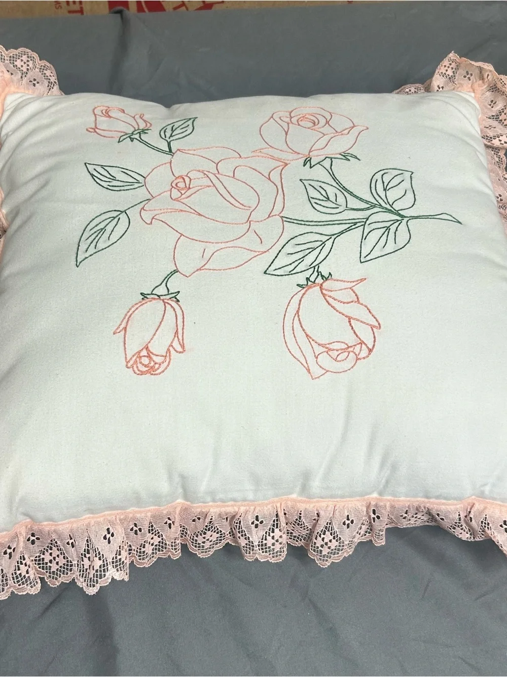 Vintage French Country Pillow Embroidered Rose Lace Trim Cottagecore 80s/90s